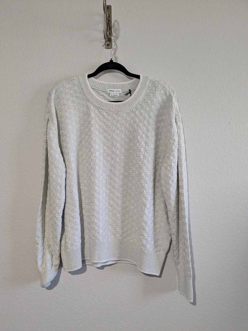 Prana NWT Cream Patchwork Square Knit Crewneck Sweater Light Grey Warm Top XL